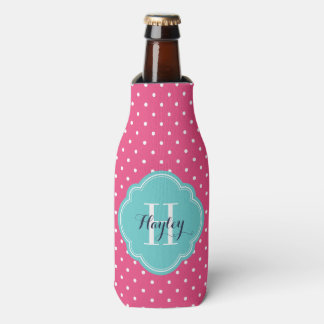 Enfriador De Botellas Monograma de puntos de polka rosa caliente y turqu