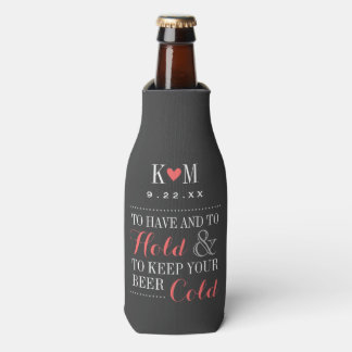 Enfriador De Botellas Monograma del Boda moderno gris y coral