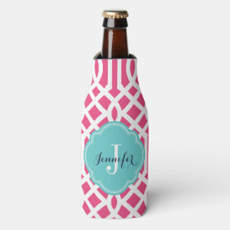 Enfriador De Botellas Monograma del enlistado rosado y turquesa caliente