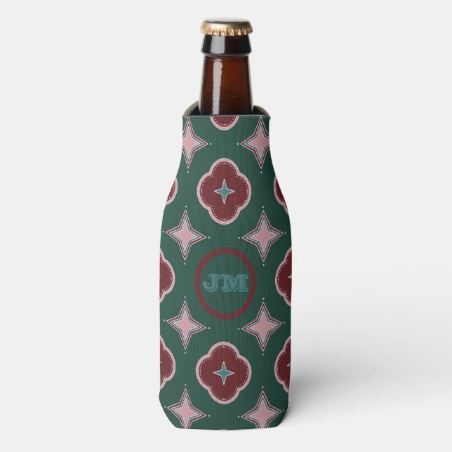 Enfriador De Botellas Monograma del patrón de mosaico elegante verde y r (Frente de la botella)