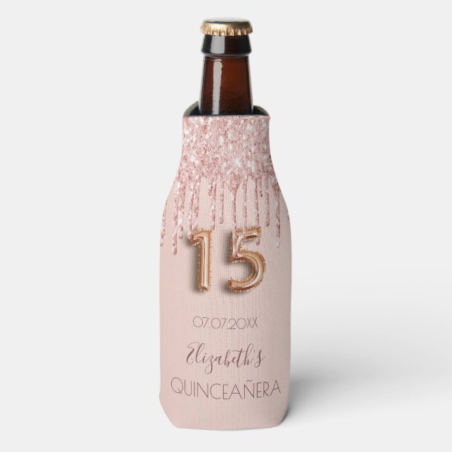Enfriador De Botellas Monograma del purpurina de oro rosa Quinceanera (Frente de la botella)