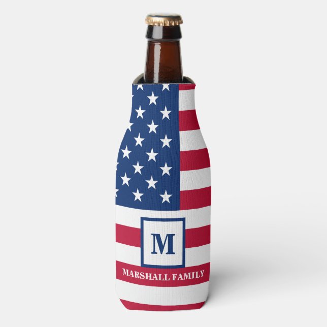 Enfriador De Botellas Monograma Personalizado De Bandera Estadounidense  (Frente de la botella)