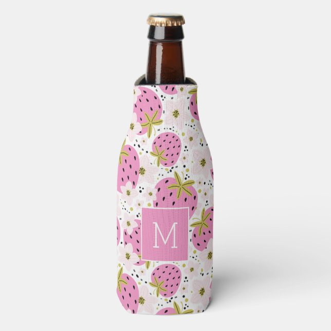 Enfriador De Botellas Monograma Personalizado de fresas rosadas (Frente de la botella)
