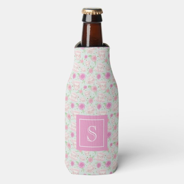 Enfriador De Botellas Monograma personalizado de tazas de té rosadas (Frente de la botella)