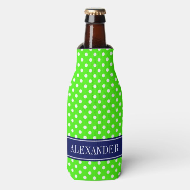 Enfriador De Botellas Monograma: Polka blanco verde limón puntos de la m (Frente de la botella)
