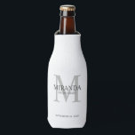 Enfriador De Botellas Monograma y nombre de la dama de honor personaliza<br><div class="desc">Añada un toque personal a su boda con el monograma y el regalo de nombre de la dama de honor. Este diseño presenta el nombre personalizado de la dama de honor con título y fecha boda en gris y monograma en gris claro como fondo, en estilo clásico de tipo de...</div>