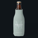 Enfriador De Botellas Monograma y nombre de la dama de honor personaliza<br><div class="desc">Añada un toque personal a su boda con el monograma y el regalo de nombre de la dama de honor. Este diseño presenta el nombre personalizado de la dama de honor con título y fecha boda en blanco y monograma en verde sabio como fondo, en estilo clásico serif, sobre fondo...</div>