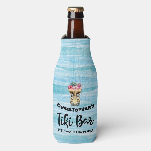 Enfriador De Botellas Monogramado Groomsmen Tiki Bar BachelParty puede (Frente de la botella)