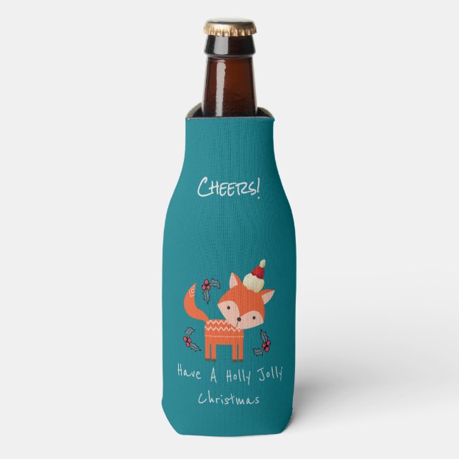 Enfriador De Botellas Naranja Fox En Santa Hat Cuidados Navidades Whimsi (Frente de la botella)