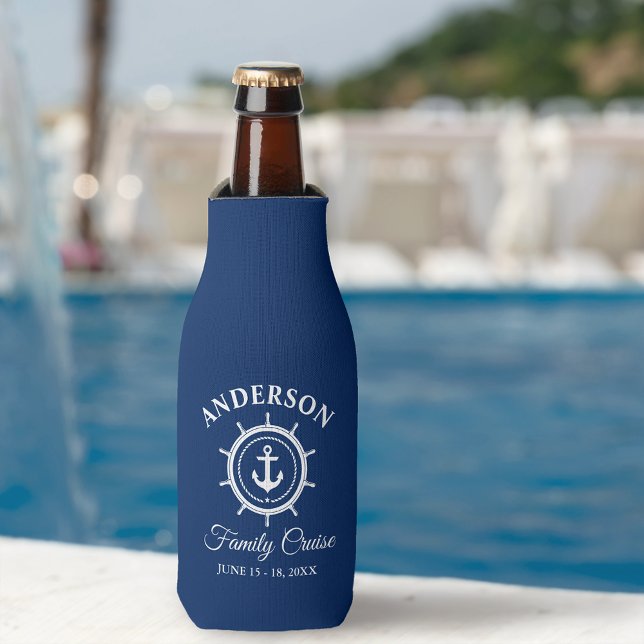 Enfriador De Botellas Nautical Anchor Helm Nave Blue Family Cruise (Customize to change background color.)