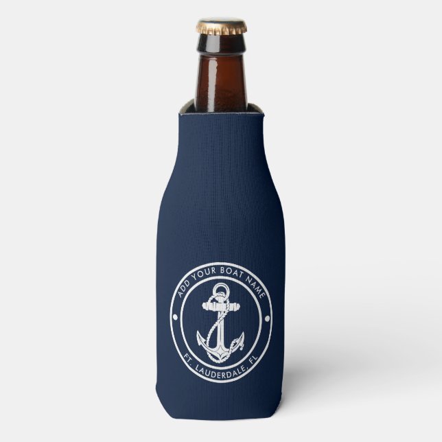 Enfriador De Botellas Nautical Anchor Navy Blue Boat Name Custom (Frente de la botella)