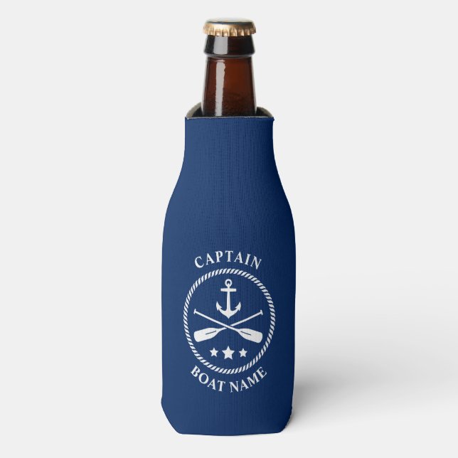 Enfriador De Botellas Nautical Anchor Oars Captain Your Boat Name Navy (Frente de la botella)