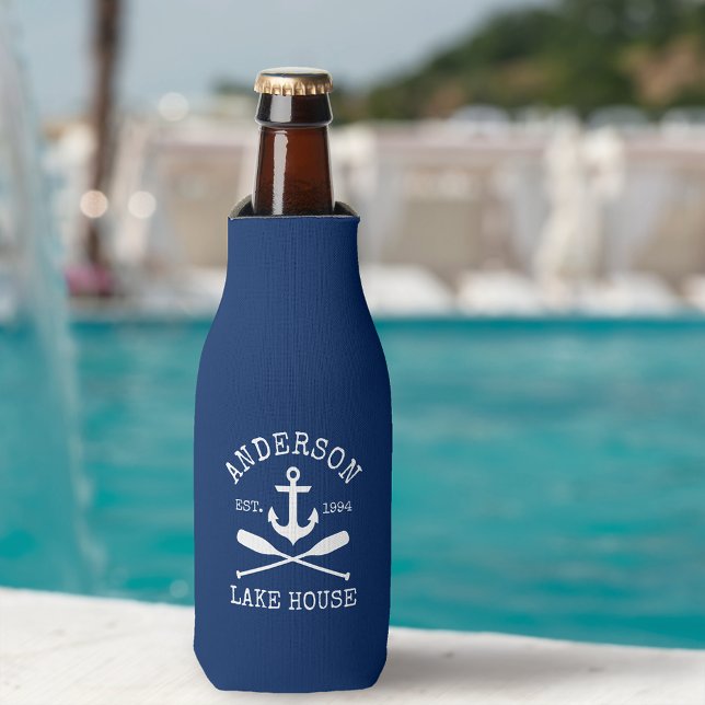 Enfriador De Botellas Nautical Anchor Oars Naval Blue Family Lake House (Customize to change text size or text style.)
