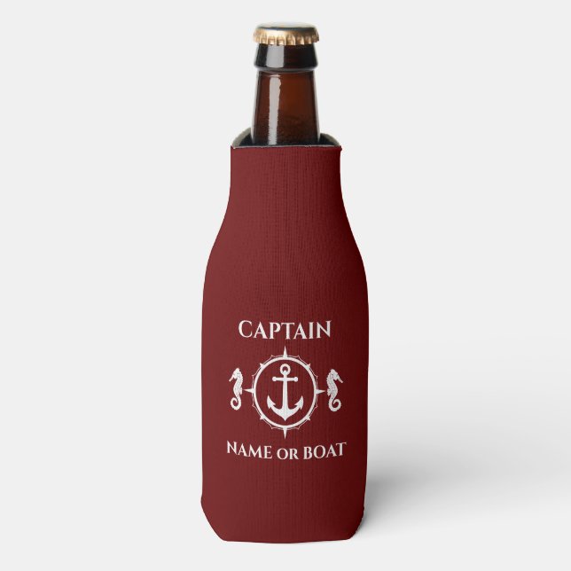 Enfriador De Botellas Nautical Anchor Seahorse Captain Bote Name Red (Frente de la botella)
