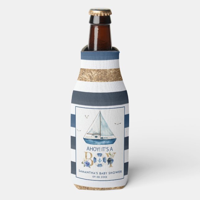 Enfriador De Botellas Nautical Blue Boat Ahoy es un niño Baby Shower (Frente de la botella)