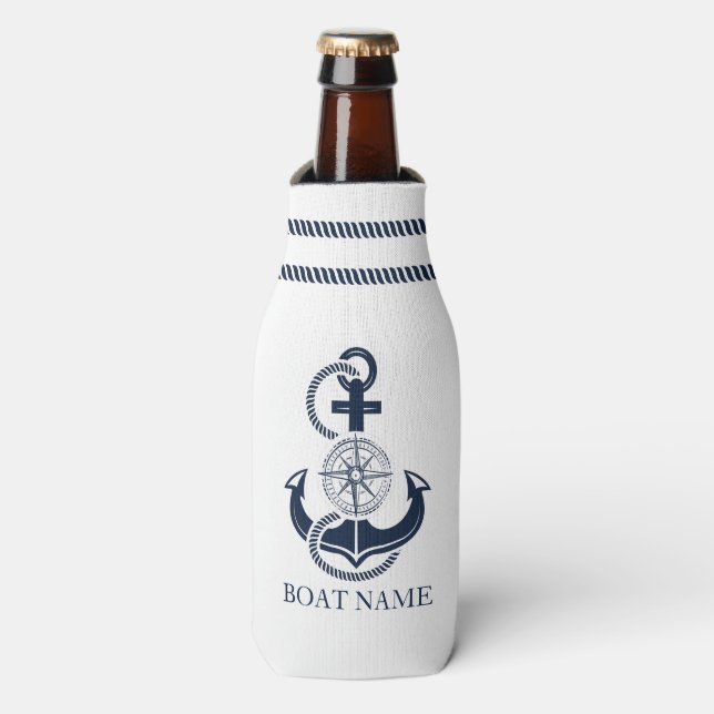 Enfriador De Botellas Nautical Blue Boat Name Anchor (Frente de la botella)