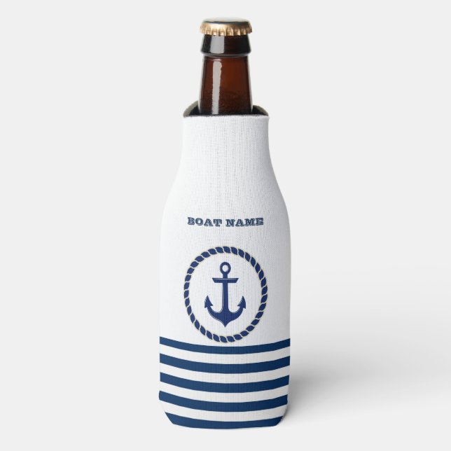 Enfriador De Botellas Nautical Boat Name,Anchor Naval Blue Stried (Frente de la botella)