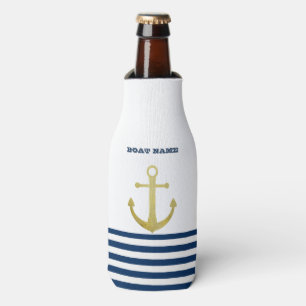 Enfriador De Botellas Nautical Boat Name,Gold Anchor Nave Blue Stried