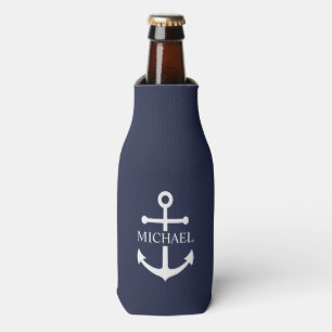 Enfriador De Botellas Nautical Navy Blue Anchor Nombre Personalizado