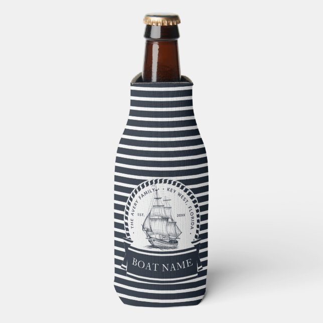 Enfriador De Botellas Nautical Personalized Family and Bote Name (Famili (Frente de la botella)