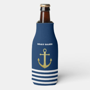Enfriador De Botellas Náutico, Ancla Dorada  Rayas Azul Marino