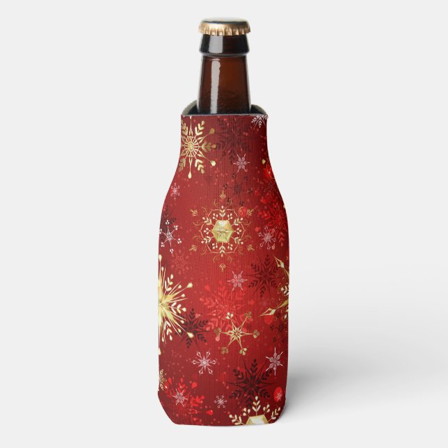 Enfriador De Botellas Navidades Copos de nieve dorados con fondo rojo (Frente de la botella)