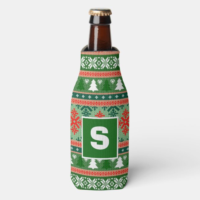 Enfriador De Botellas Navidades de monograma suéter feo (Frente de la botella)