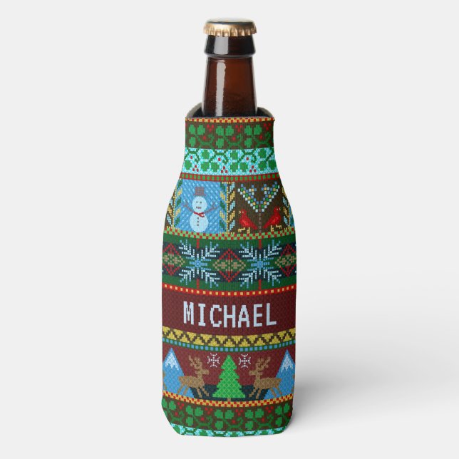 Enfriador De Botellas Navidades de punto: Fiesta de hombres de nieve ren (Frente de la botella)