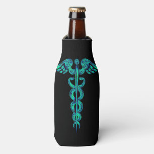 Enfriador De Botellas Negro médico de la turquesa del caduceo del médi