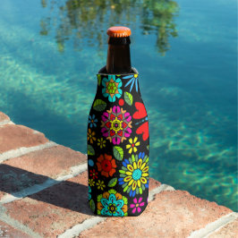 Enfriador De Botellas Neon Colors On Black Retro Floral Seamless Pattern