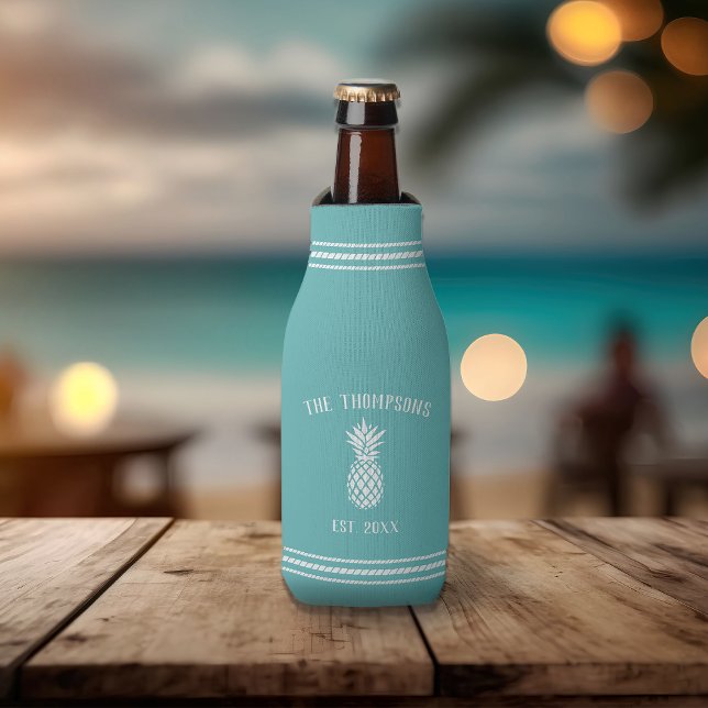 Enfriador De Botellas Nombre de familia personalizada Aqua Rustic Pineap (Subido por el creador)