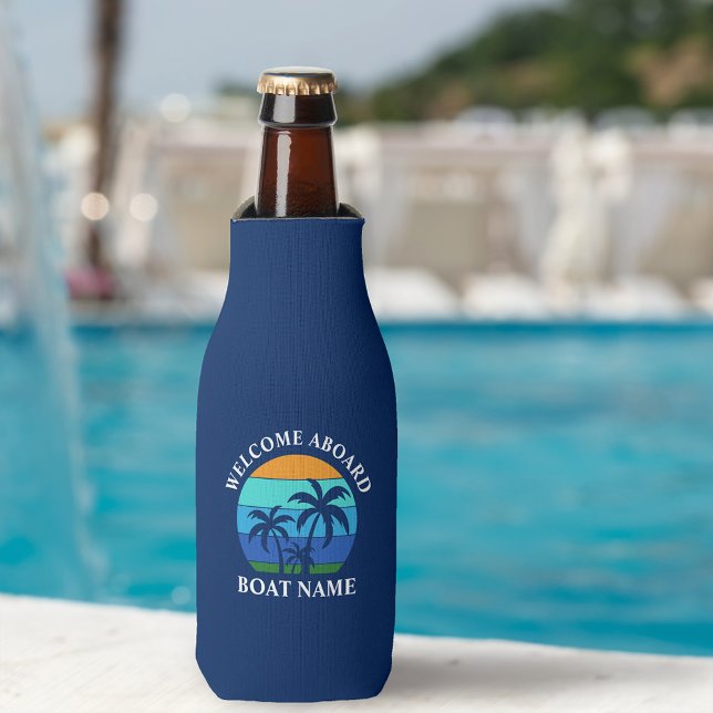 Enfriador De Botellas Nombre del barco Sun Palm Trees Bienvenidos A Bord (Customize to change text size or text style.)