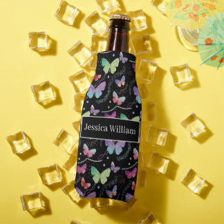 Enfriador De Botellas Nombre personal Elegante Morado Brillante Mariposa