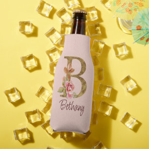 Enfriador De Botellas Nombre personalizado Blush rosas rosadas hoja de o