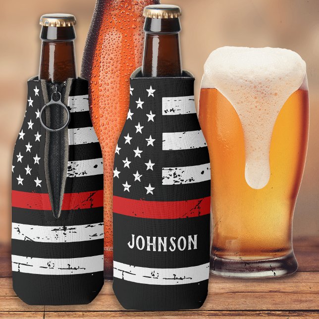 Enfriador De Botellas Nombre personalizado del bombero línea roja delgad (Subido por el creador)
