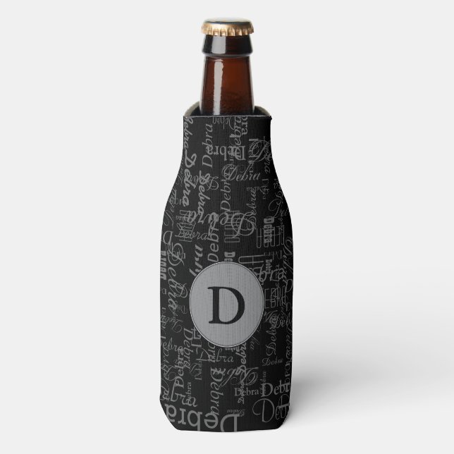 Enfriador De Botellas nombre personalizado negro monograma (Frente de la botella)