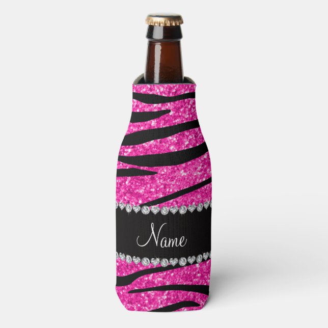 Enfriador De Botellas Nombre personalizado neón purpurina rosa caliente  (Frente de la botella)