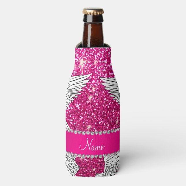 Enfriador De Botellas Nombre personalizado neón purpurina rosado calient (Frente de la botella)