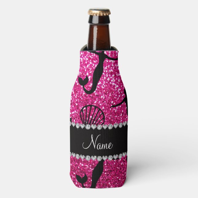 Enfriador De Botellas Nombre personalizado neón purpurina rosado calient (Frente de la botella)