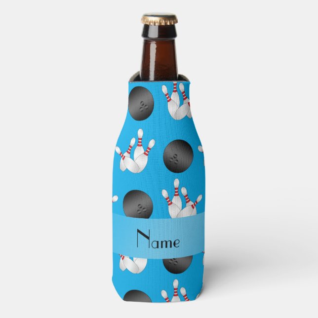 Enfriador De Botellas Nombre personalizado patrón de bolos azul cielo (Frente de la botella)