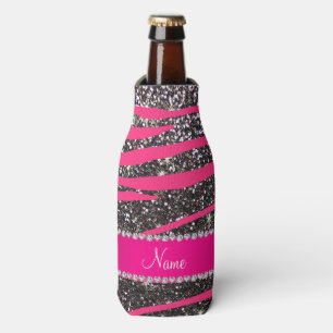 Enfriador De Botellas Nombre rayas de cebra rosadas calientes purpurina