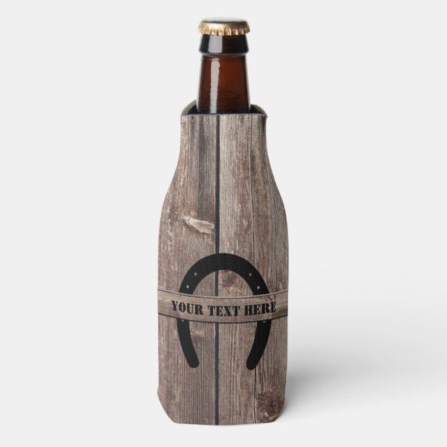 Enfriador De Botellas Oeste Cowboy Weathered Barn Wood Horseshoe (Frente de la botella)