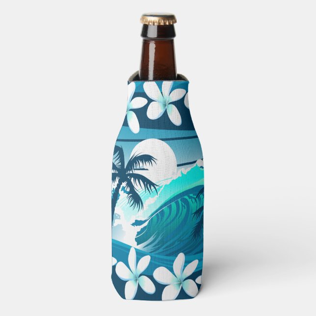 Enfriador De Botellas Ola de surf tropical con palmeras (Frente de la botella)