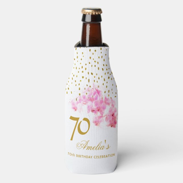 Enfriador De Botellas Orquídea Rosa Acuarela Dorada Purpurina 70 cumplea (Frente de la botella)