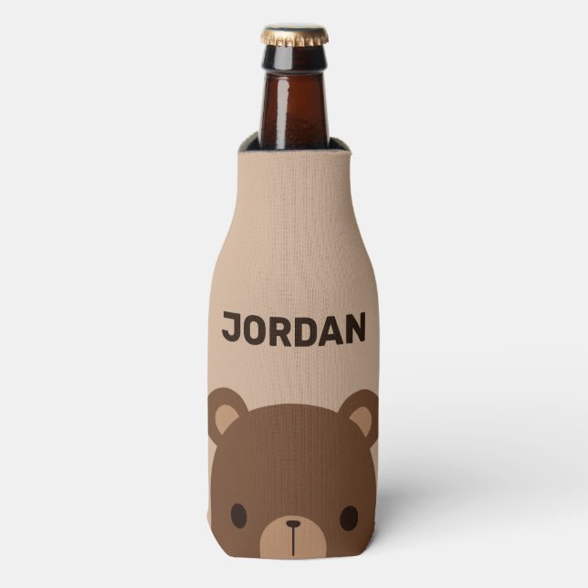 Enfriador De Botellas Oso marrón lindo con nombre personalizado (Frente de la botella)