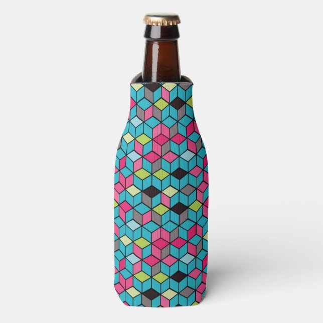 Enfriador De Botellas Patrón de cubo rosa y turquesa (Frente de la botella)