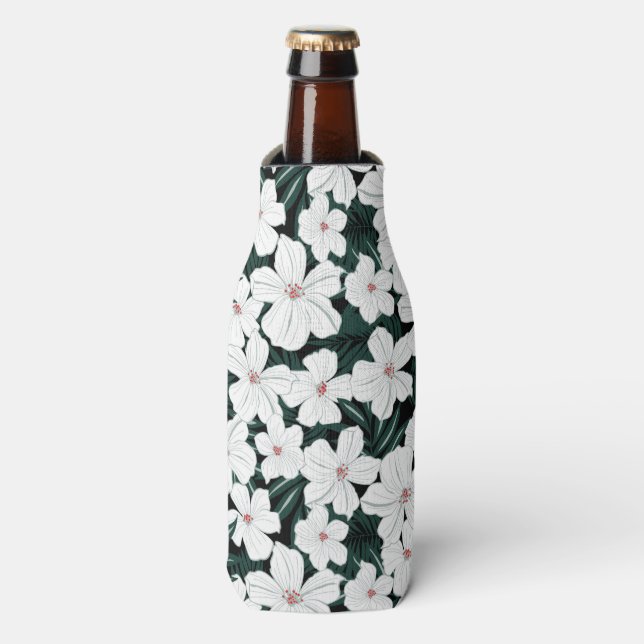 Enfriador De Botellas Patrón de flores tropicales blancas (Frente de la botella)