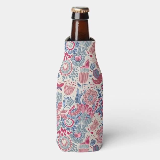 Enfriador De Botellas Patrón floral con ave y mariposa (Frente de la botella)