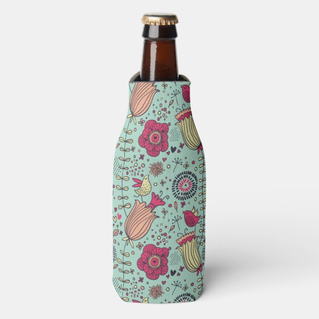 Enfriador De Botellas Patrón floral personalizado con aves (Frente de la botella)