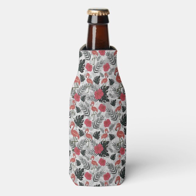Enfriador De Botellas Patrón ininterrumpido de flamencos con fondo flora (Frente de la botella)